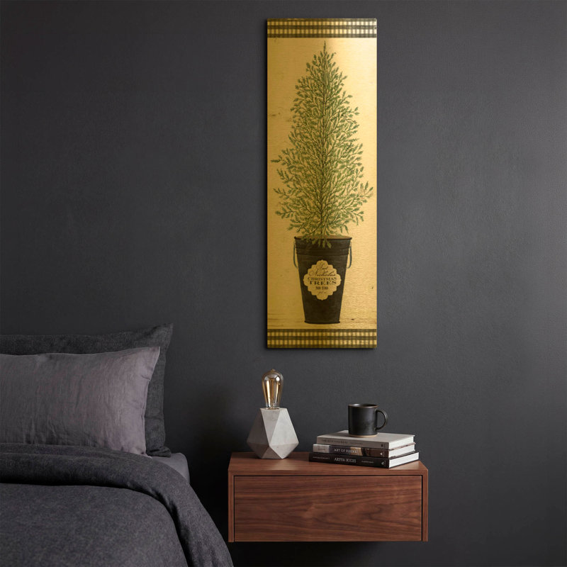 «Cedar Tree» par Cindy Jacobs, art mural en métal doré, 12 po x 36 po