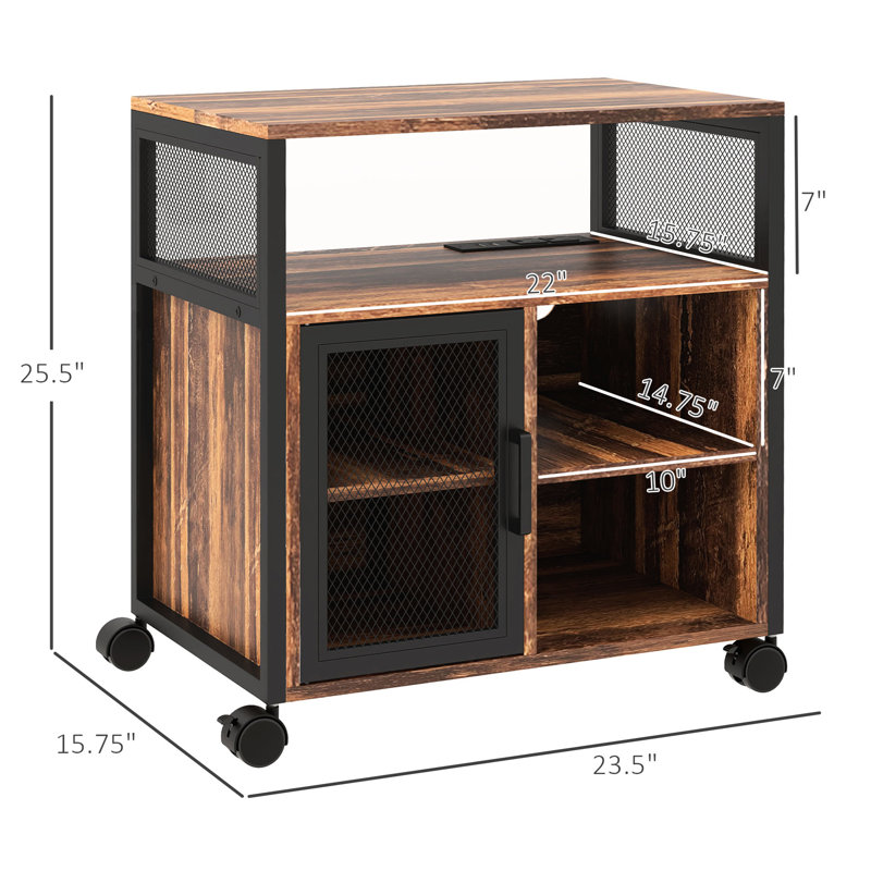 Bureau d'imprimante rustique brun avec douille. Organisez les fournitures de bureau. Mobile et réglable. Prise de poste de travail élégante, brun. Gardez bien organisé. Tablettes réglables. Roulettes pour un déplacement facile