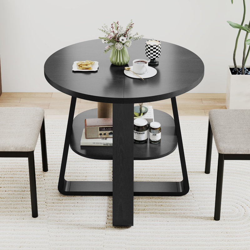 Small Dining Table, 31.5 Inch Farmhouse Round Dining Table, Circle Kitchen Tables With Shelf, Black