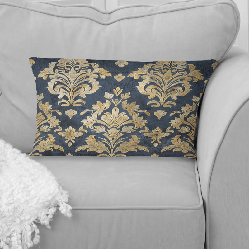 Blue Gold Timeless Damask Pattern III - Traditional Lumbar Pillow