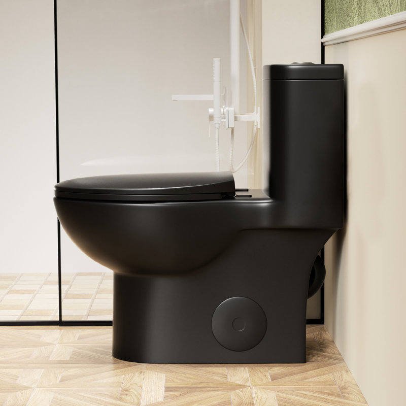 Toilette de 17 po de hauteur avec chasse d'eau tornade 1,1 / 1,6 po, siphonique 12 po, cuve sans rebord, siège noir mat à fermeture en douceur et technologie de chasse puissante double conformité, nettoyage en douceur de la cuve mat 360