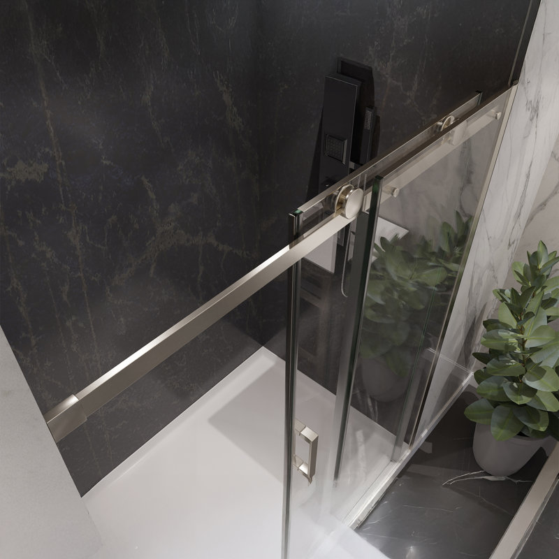 Rhodes 48'' - W x 76'' H Single Added Door Frameless Shower Door with Tsunami Guard, Brushed Nickel