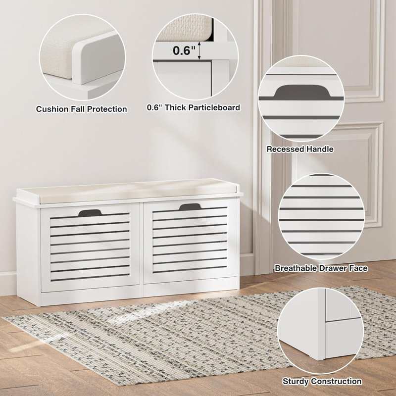 Shoe Storage Bench With 2 Flip Drawer & Seat Cushion, Entryway Bench With Shoe Storage, Hidden Shoe Rack Bench For Hallway, Bedroom, Mudroom