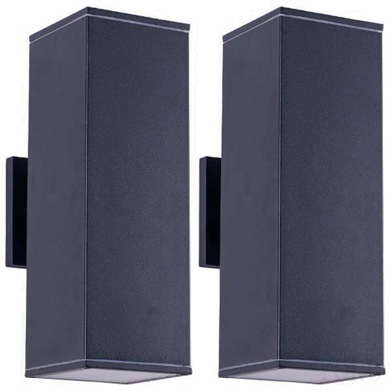Applique murale d'extérieur de 14 pouces avec 2 lumières avec tube rectangulaire en aluminium et couvercle en verre trempé, paquet de 2 (noir mat) (sans ampoule)