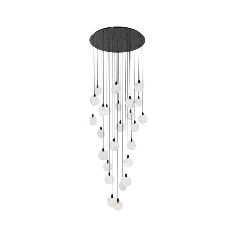 Lustre rond en albâtre de 36 po Bellino, H 7,5 po x l 36 po x P 36 po, Noir, 31 lumières