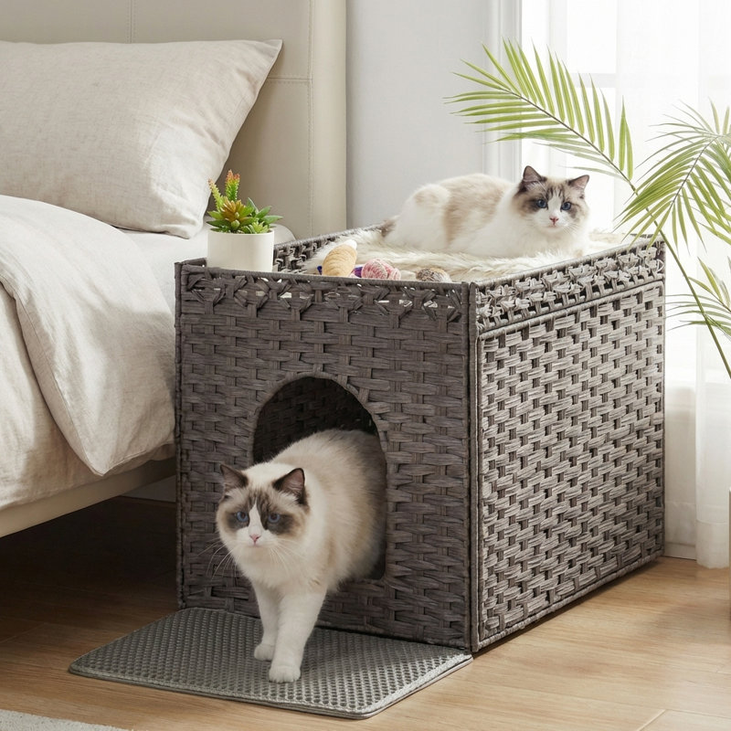 Meuble à litière en rotin tissé à la main Boho avec tapis de litière supplémentaire et plateau lavable amovible, Gris