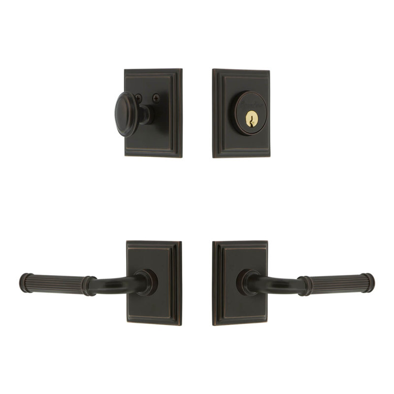 Carre Square Rosette Complete Entry Set with Single Cylinder Deadbolt and Soleil Lever, Timeless Bronze, Left Handed, 2.375"