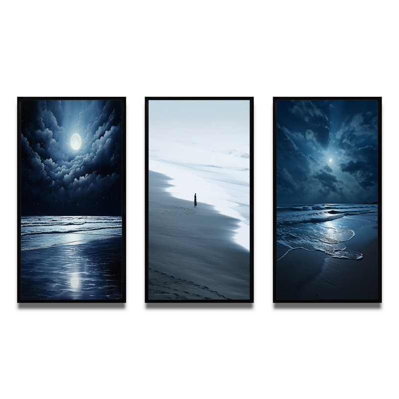 «Beach Photo Serene Moonlight», 3 pièces sur toile, Cadre noir, H 20 po x l 36 po
