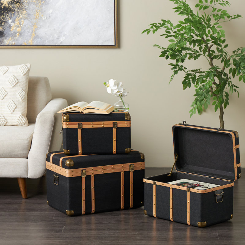 Cole And Grey Fabric Decorative Black Trunk With Brass Metal Latches And Brown Wooden Accents Set
