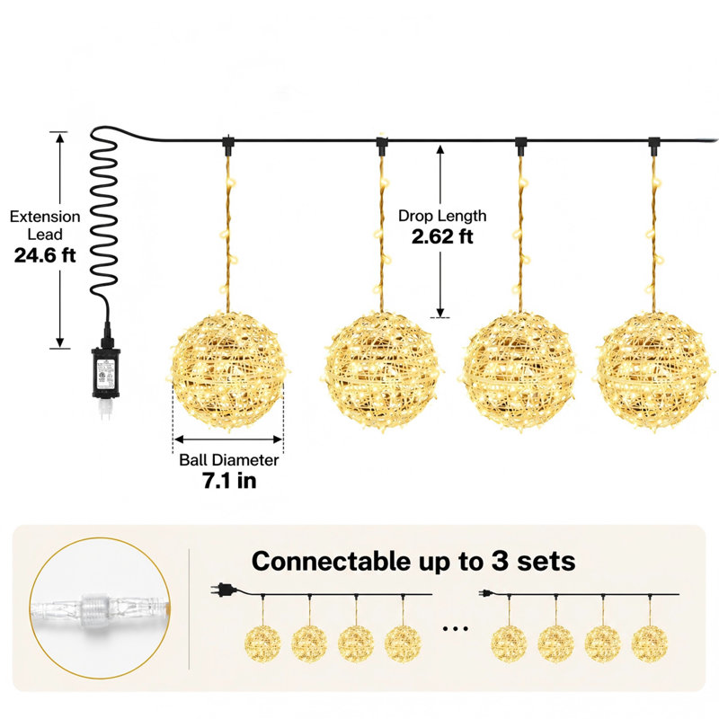 Paquet de 4 boules de Noël lumineuses suspendues avec 8 modes d'éclairage