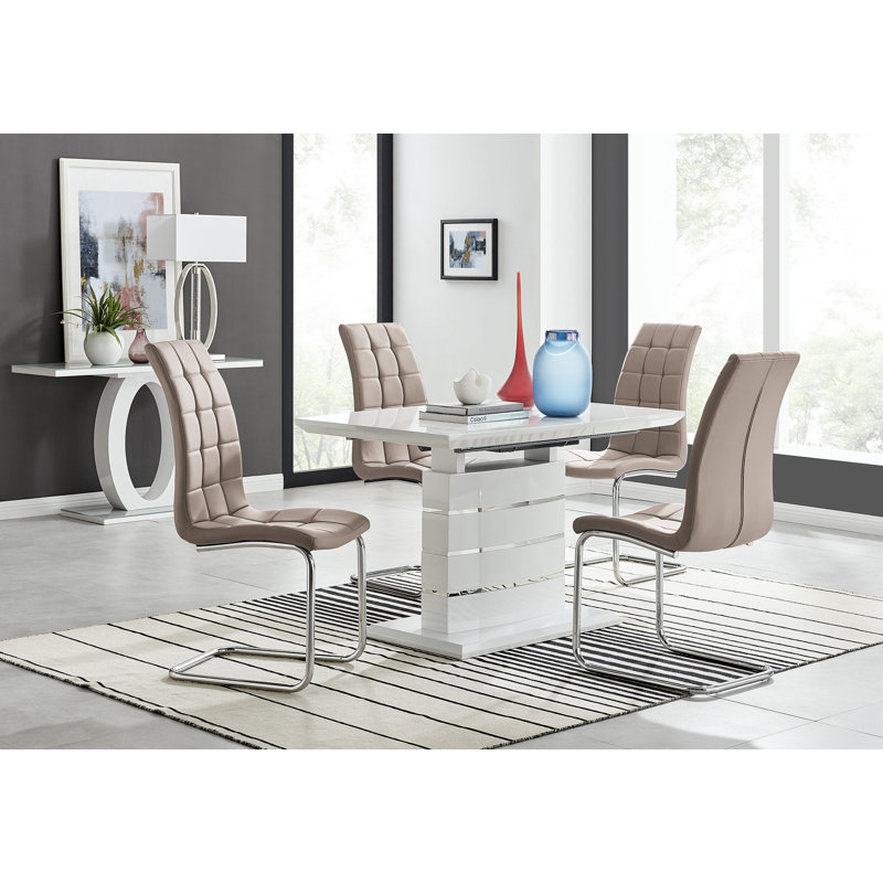 Renne Modern High Gloss Extendable Dining Table Set With 4 Modern Faux Leather Dining Chairs, Cappuccino/Silver