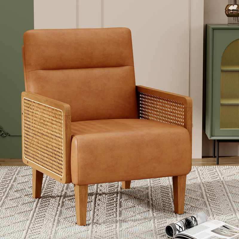 Upholstered Accent Chair With Rattan Arms And Solid Wood Legs, Brown