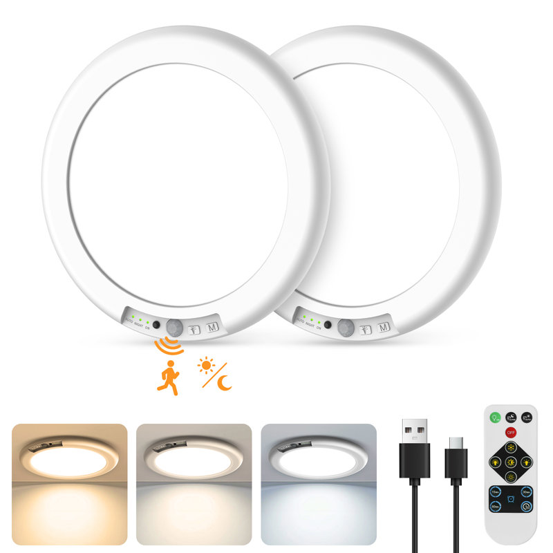 2 Pack Rechargeable Motion Sensor Ceiling Light Fixture with Remote, 6000mAh Battery Operated, 3 Colors, Dimmable, USB-C Charging, Cordless Closet Light, Auto/Night/ON Modes, 9 Inch