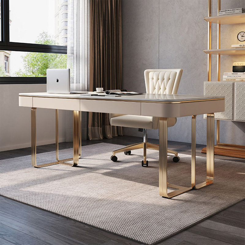 Bureau d'écriture en pierre blanche avec tiroirs, H 29,53 po x l 70,87 po x P 27,56 po