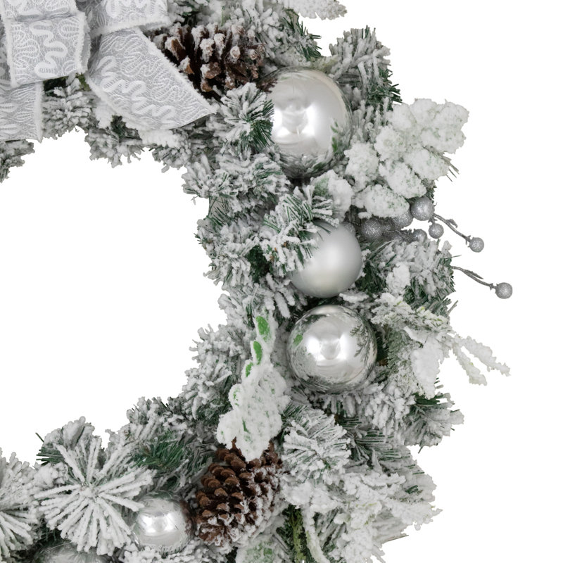 Silver and White Frosted Pine Christmas Wreath with Bow, 30-Inch