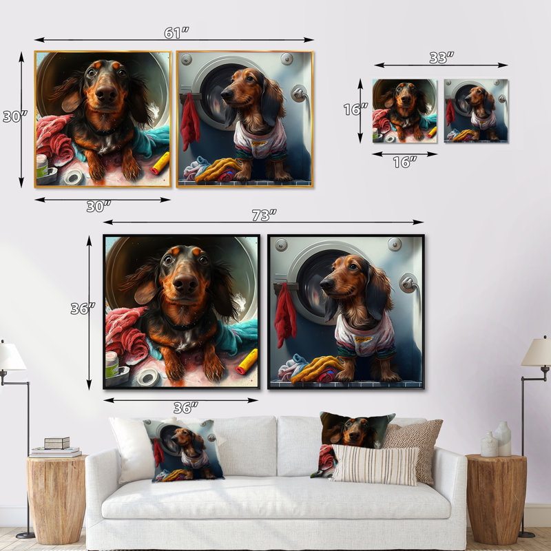 Dachshund Doing The Laundry III - animaux, ensemble de 2 collages carrés, H 16 po x l 33 po, Toile tendue