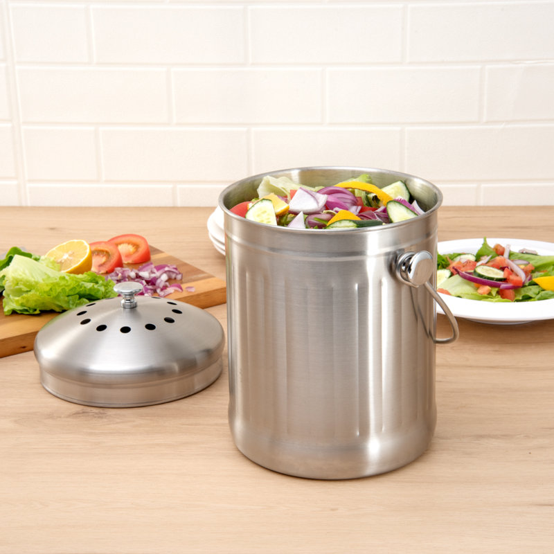 Poubelle de comptoir de 1,3 gallon, 1 bac à déchets de cuisine compacte de restaurantware-rw propre, évite la rouille, couvercle hermétique, bac à compost de comptoir en acier inoxydable 201, filtre à charbon