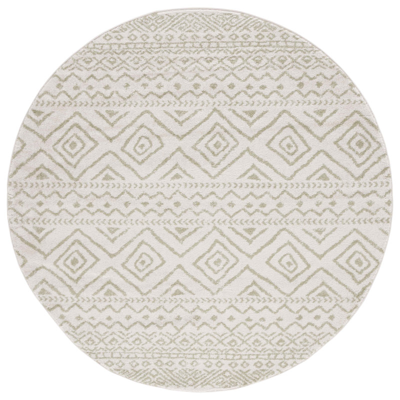 Tapis en polypropylène tissé à la machine de style sud-ouest Klima en ivoire / vert, Rond 6 pi 7 po
