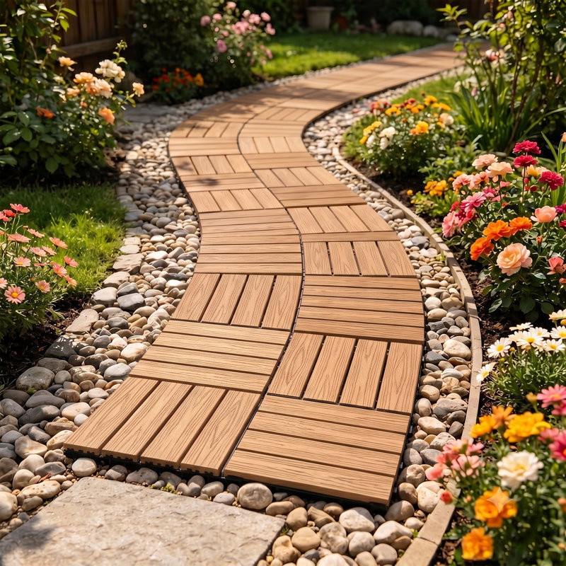 Dalles de terrasse emboîtables en composite bois-plastique (WPC), 30 cm x 30 cm, paquet de 25, dalles de sol de patio à 4 lattes en relief, aspect bois naturel, étanches et drainantes, pour balcon, jardin ou piscine.