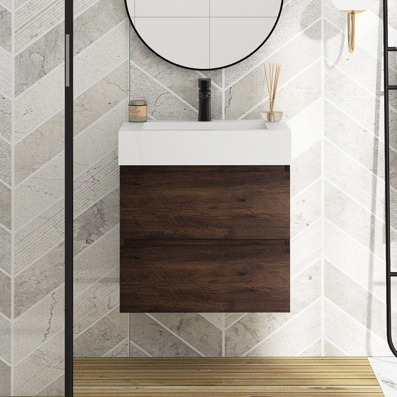 Meuble-lavabo mural simple Sherranda, H 25 po x l 24 po x P 18 po, Blanc, Noyer