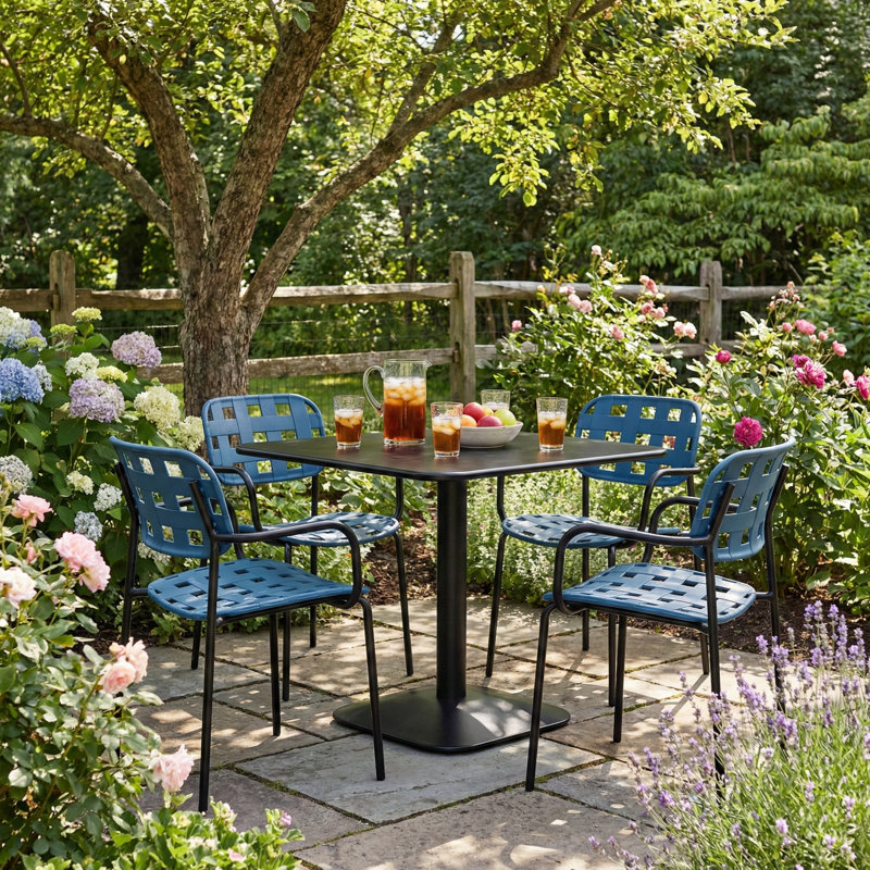 Square 5 - Piece  4 - Person L Outdoor Table Set, Black/Blue