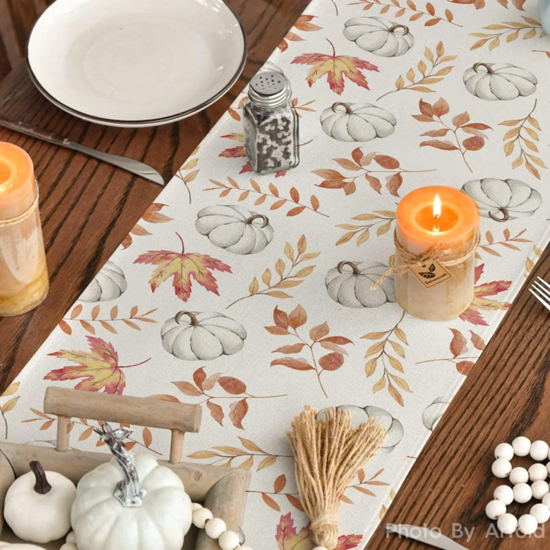 Pumpkins Maple Leaves Brown Wood Fall Table Runner, Seasonal Autumn Kitchen Dining Table Decoration For Home Party Decor 13X36 Inch