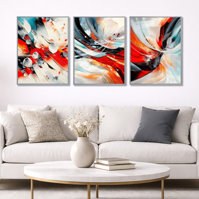 Disintegrating Order of Red Fractal – Abstract Fractal Framed Wall Art Set of 3