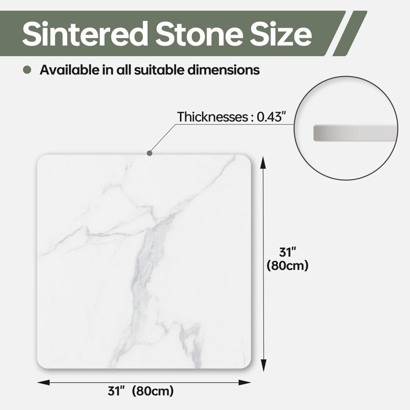 Plateau de table en pierre frittée à bord carré, H 0,43 po x L 31,49 po x l 31,49 po