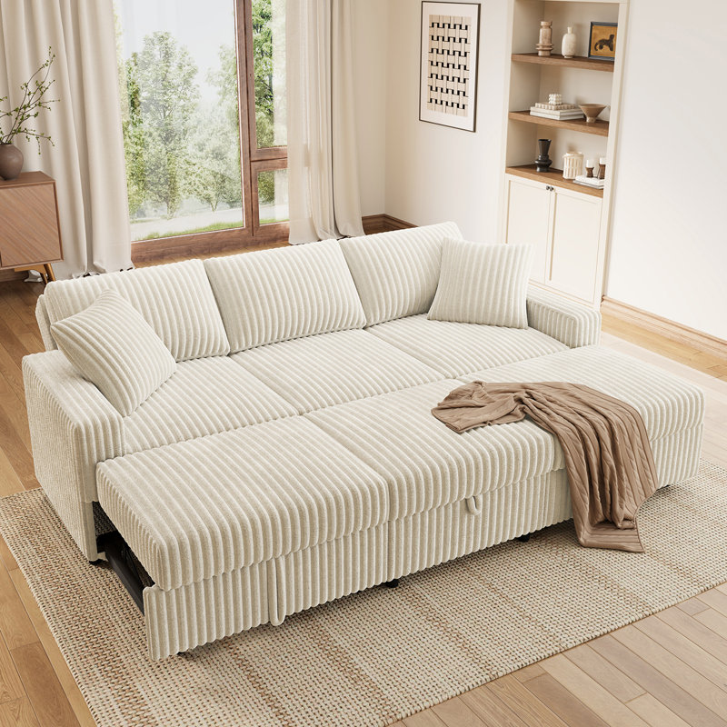 Brunella Corduroy Sectional Sleeper Modular Sofa Bed With Storage Space, White Corduroy
