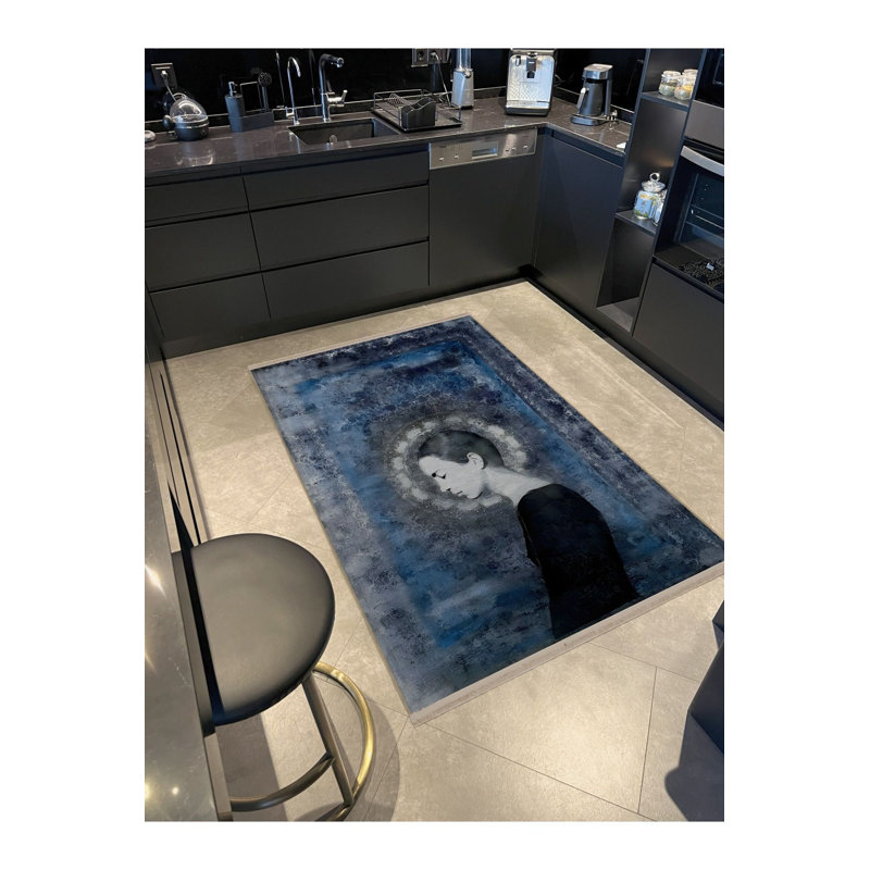 Tapis décoratif moderne bleu et gris à motifs abstraits et lavables à la machine
