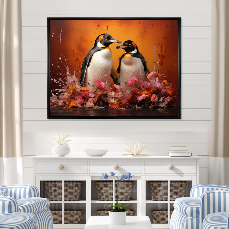 Flower Couple Penguins World, Cadre flottant noir, H 34 po x l 44 po x P 1,5 po
