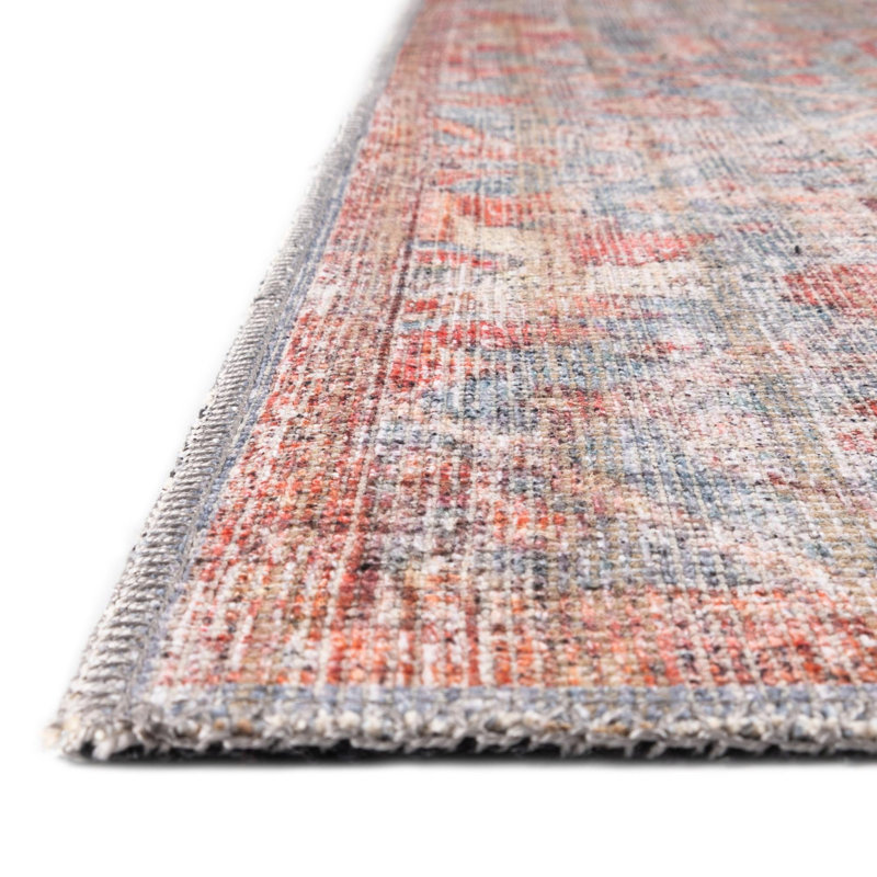 Square Antique Blue and Coral Floral Cotton Chenille Area Rug
