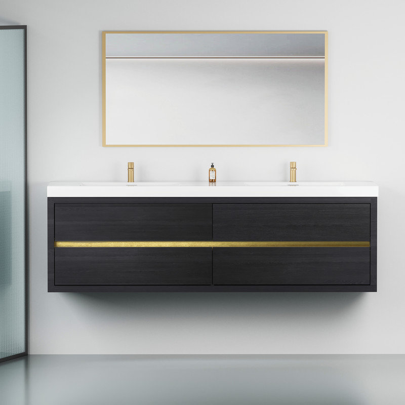 Meuble-lavabo mural de 72 pouces avec comptoir en pierre reconstituée et 2 lavabos, armoire en bois expresso, 4 tiroirs
