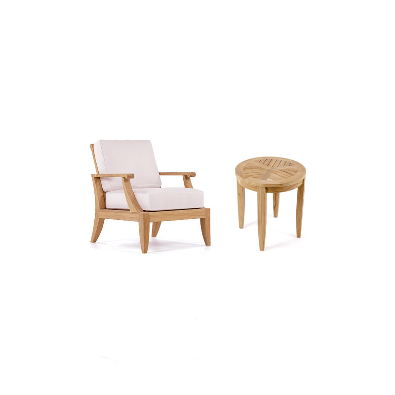 Teak Lounge Chair and Round Side Table Set with White Cushions