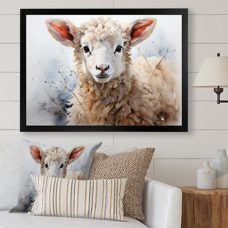Mouton beige en hiver sur toile, H 30 po x l 40 po x P 1,5 po, Cadre photo noir