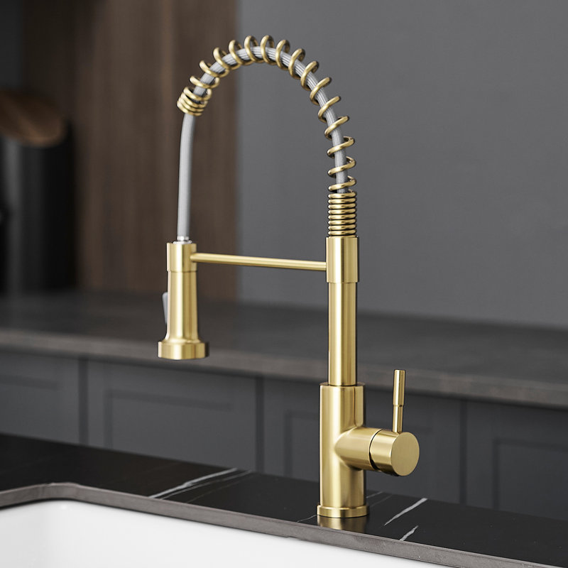 Modern Brushed Gold Kitchen Faucet, Pull Down Spray Head, Stainless Steel, Dual Mode Operation Out Faucet In Gold, Steel Single Handle, Aerated Feature For Comfort