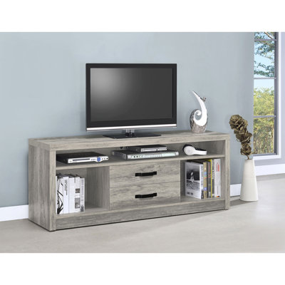 Meuble télé en bois d'ingénierie de couleur gris bois flotté, deux tiroirs pour ranger les articles essentiels, style rustique vieilli et finition lisse, qui s'harmonise avec divers meubles, d'une hauteur de 23,5 po avec une finition