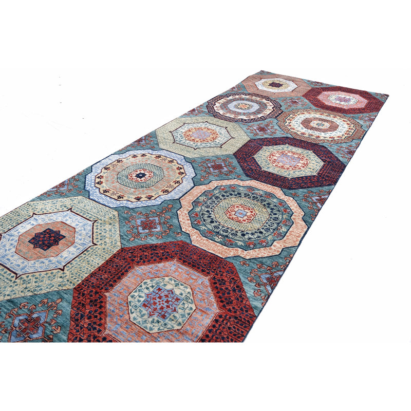 Hand Knotted Wool Area Rug in Green