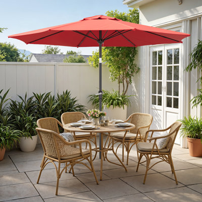 Parasol d'extérieur 10 'avec tissu en polyester rouge, parasol de terrasse avec nervures en fibre de verre, parasol de table de marché avec bouton-poussoir inclinable et manivelle imperméable