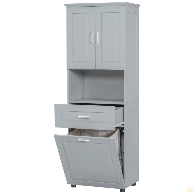 Tall Bathroom Cabinet with Laundry Basket, Large Storage Space Tilt-Out Laundry Hamper and Upper Storage Cabinet, Gray