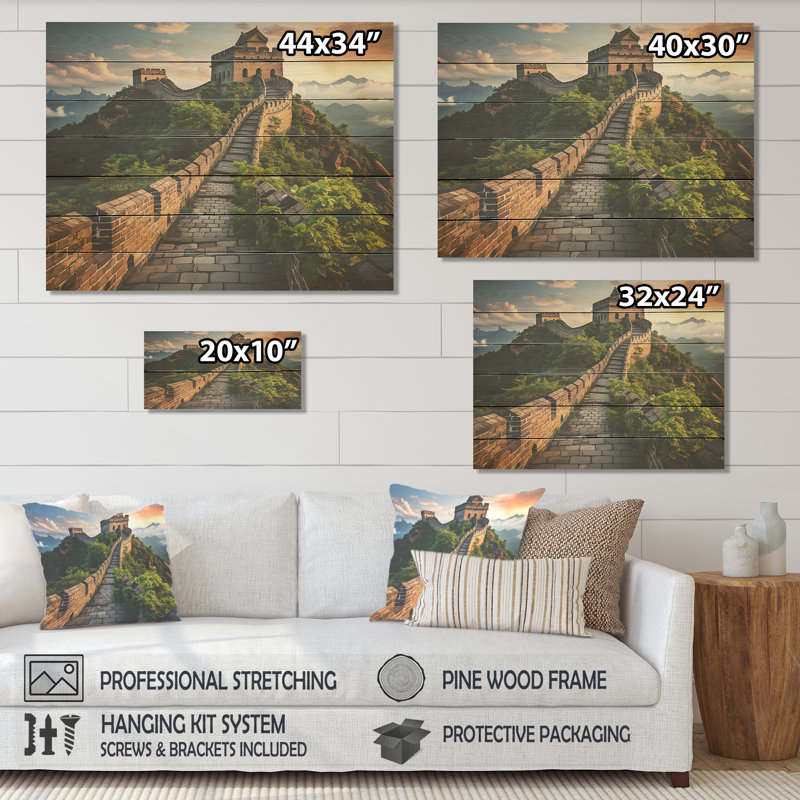 Grande muraille de Chine au coucher du soleil - Chine sur bois, H 34 po x l 44 po