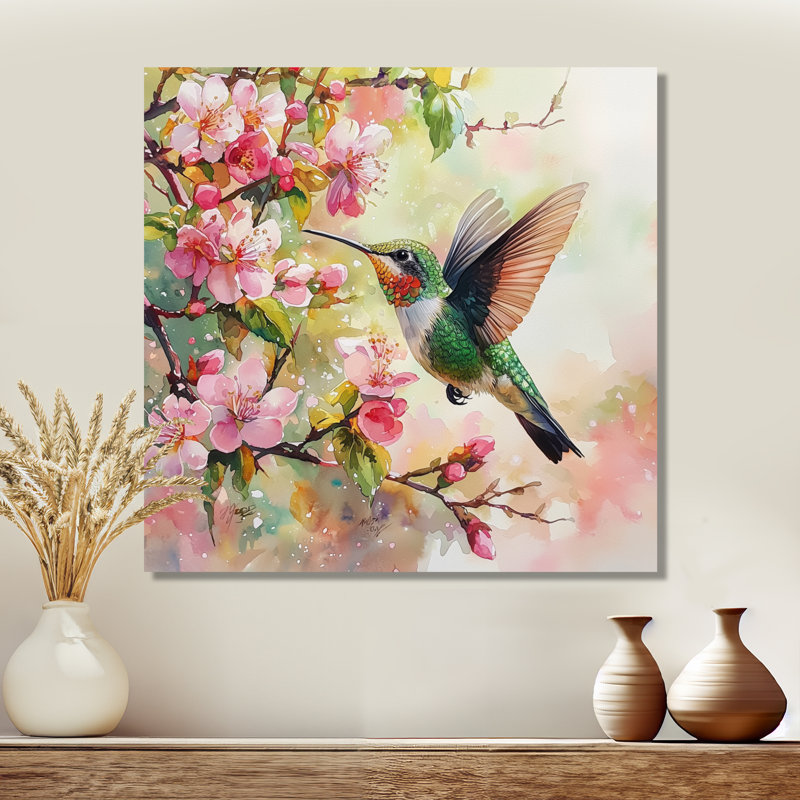 Hummingbird In The Blossoms II - Hummingbird, impression murale sur métal, H 36 po x l 36 po