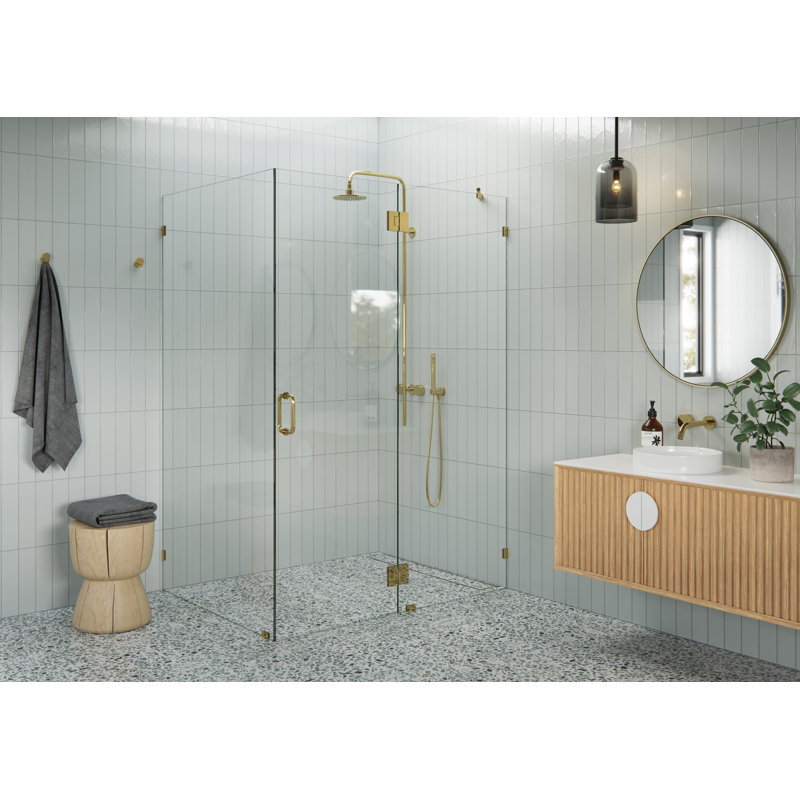 Halo 52 in. x 42 in. x 78 in. 90-degree Fully Frameless Glass Hinged Shower Enclosure, Polished Brass