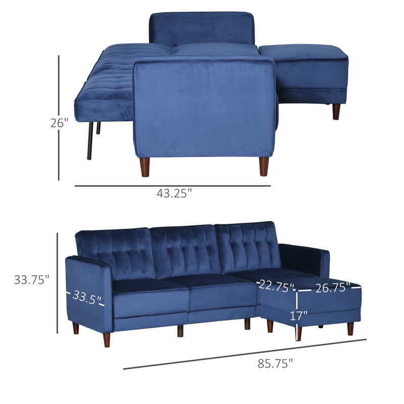 Canapé-lit à accoudoirs carrés 85,75 po Madalena, 100 % polyester bleu