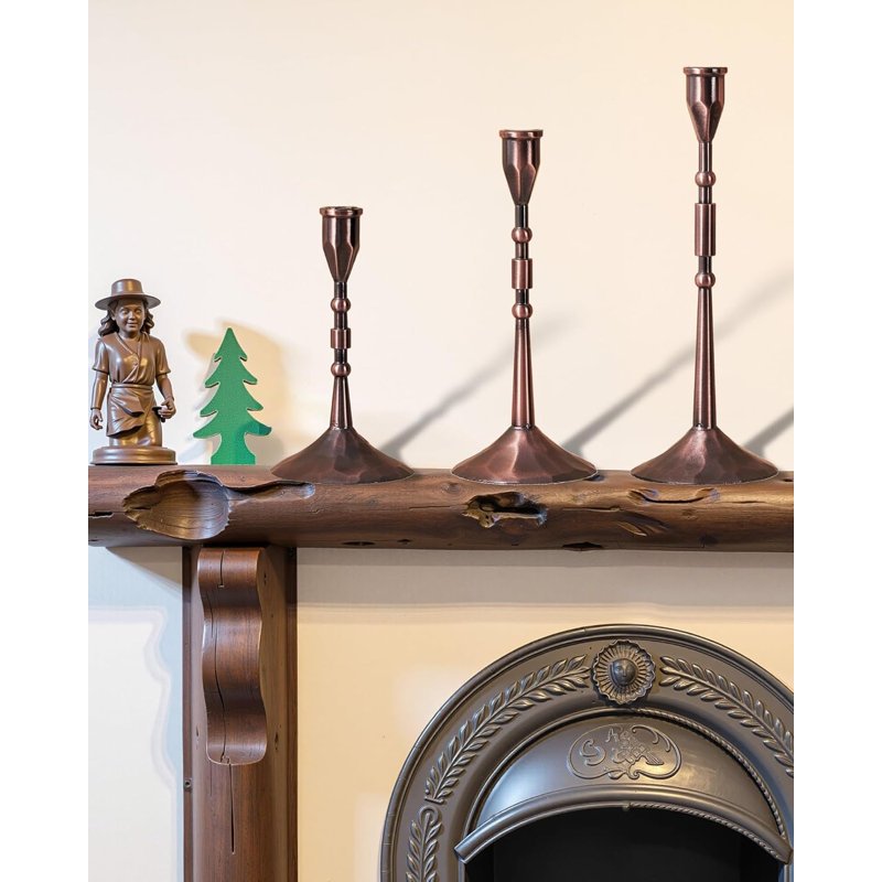 Vintage Taper Candle Holders Set Of 3 - Handmade Candlestick Decor For Table Centerpiece, Farmhouse Kitchen, And Party Lighting - Rustic Bronze Finish With Sturdy Base