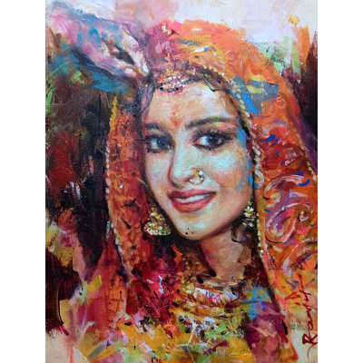 Portrait d'une femme indienne | Acrylique sur toile | Peinture murale décorative
