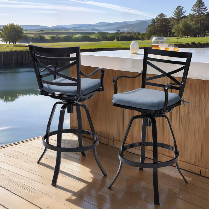 Tabouret de bar pivotant en aluminium coulé 29,92 po avec coussin Sunbrella Arhant, Spectre denim
