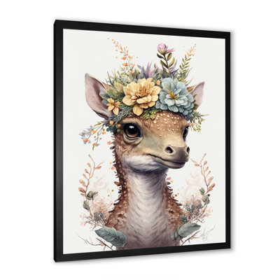Mignon bébé dinosaure avec couronne florale - cadre flottant, impression sur toile