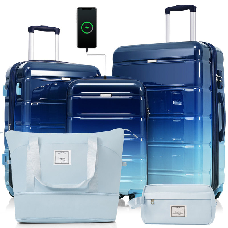 Ensemble de bagages 5 pièces, 20 pouces avec port USB, valise durable en ABS avec sac de voyage, bagage rigide en ABS + PC avec roulettes