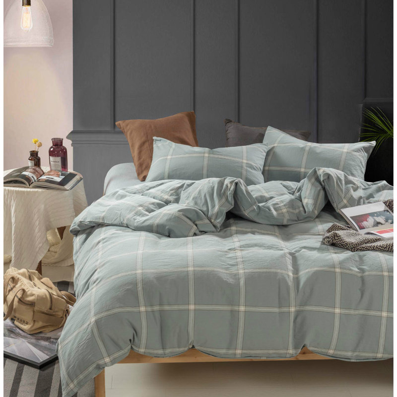 Ensemble de housse de couette en coton 3 pièces Windowpane, Housse de couette très grand et 2 taies, Bleu